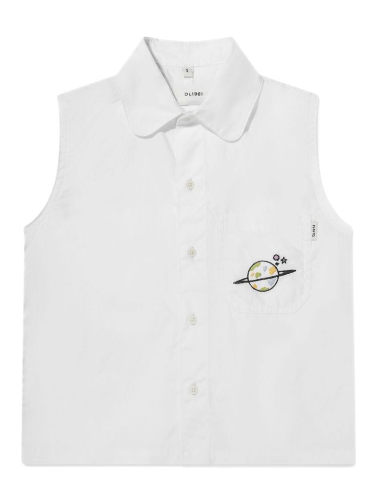 white/multicolour cotton classic collar front button fastening sleeveless chest patch pocket embroidered design straight hem Cotton Tank Top With Pockets For Summer, Summer Cotton Tank Top With Pockets, White Sleeveless Cotton Vest, White Cotton Vest Top, Casual Sleeveless School Vest, Casual Sleeveless Top For School, Classic Cotton Vest Top, White Cotton Vest With Buttons, White Cotton Tops With Pockets