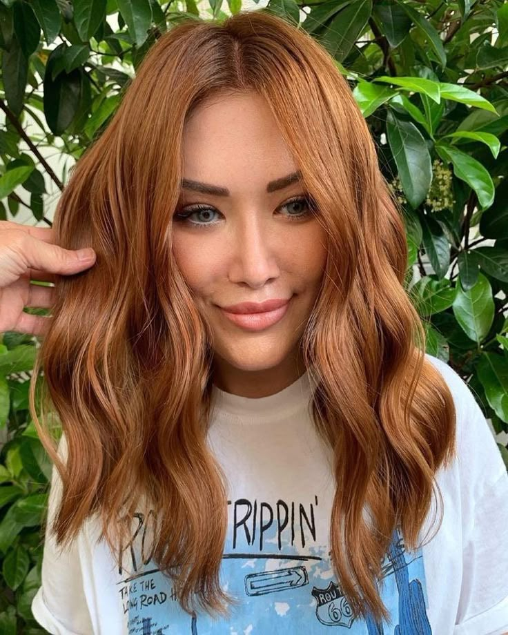 Dark Base With Copper Balayage, Fall Hair With Blonde Front Pieces, Brown Roots With Red Hair, Copper Gold Balayage, Blonde To Red Hair Transformation, From Blonde To Red Hair Before And After, Red Hair Lob, Copper Hair Transformation, Soft Copper Hair