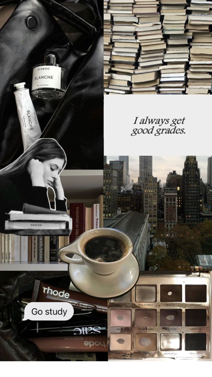 a collage of books, coffee and other items