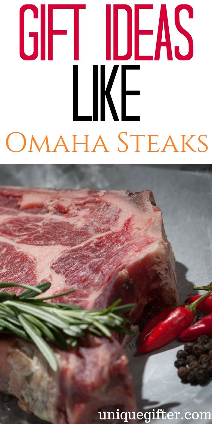 steak with rosemary garnish on the side and text overlay that reads gift ideas like omaha steaks