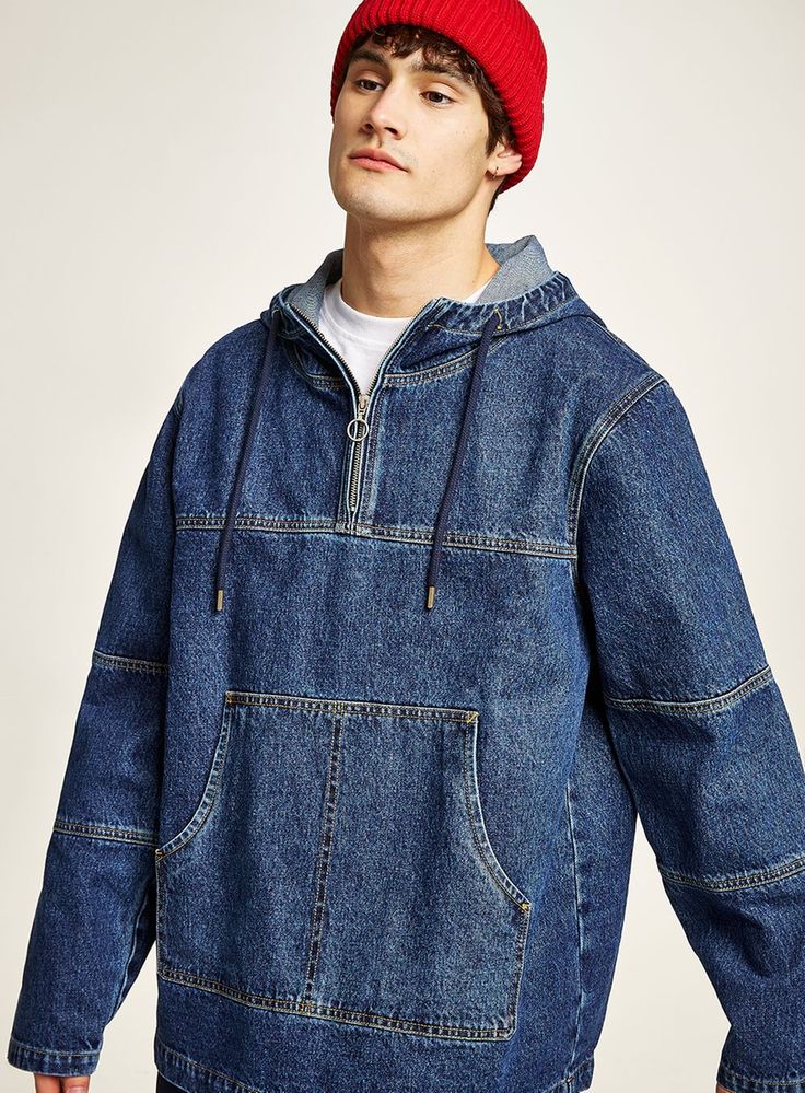 Blue Denim Overhead Jacket | Topman Anorak Jacket Outfit, Mens Coats And Jackets, Leather Puffer Jacket, Moda Denim, Jackets Casual, Space Fashion, Denim Hoodie, Wool Shirt, Anorak Jacket