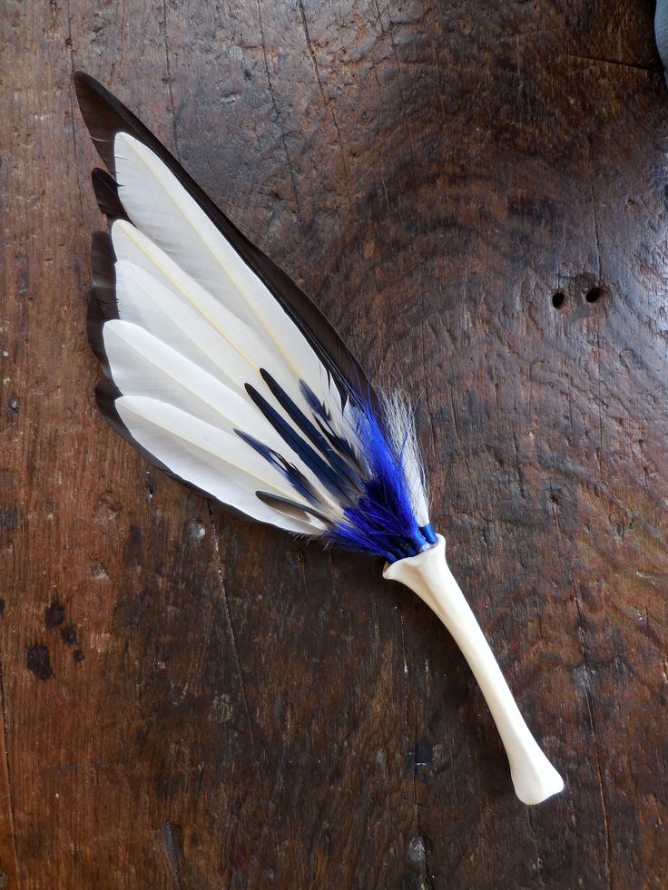 a white and blue feather on top of a wooden table