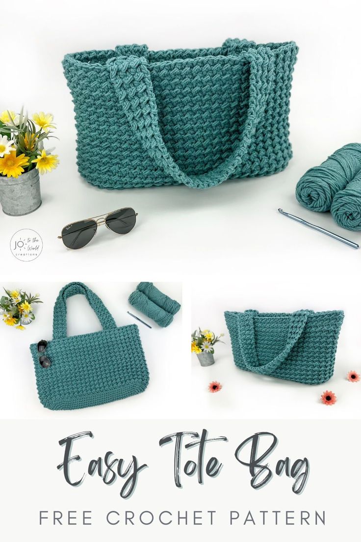 the crochet tote bag is shown with accessories