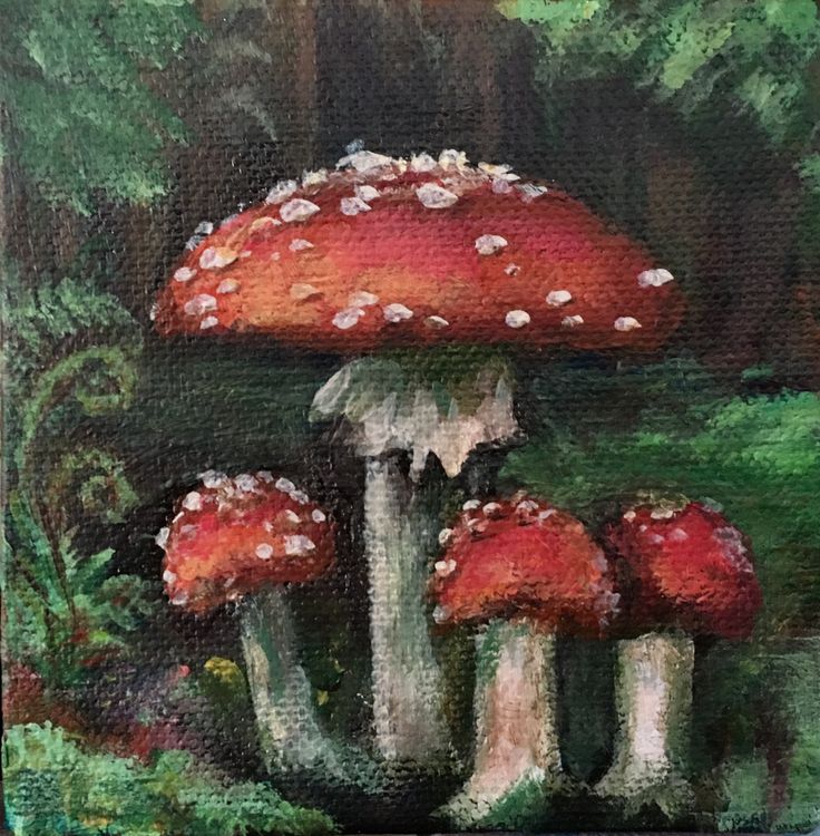 an oil painting of three mushrooms in the forest with green grass and trees behind them