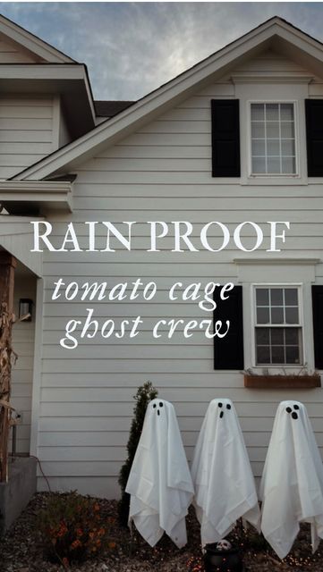 three ghost - like heads are standing in front of a house with the words rain proof tomato cage ghost crew