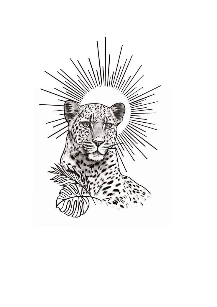 a black and white drawing of a leopard with sunbursts on its head