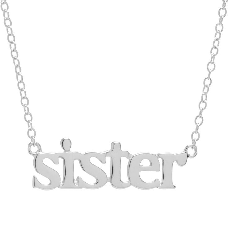 "Show off your sibling love with this sterling silver ""sister"" adjustable necklace! Show off your sibling love with this sterling silver ""sister"" adjustable necklace! NECKLACE DETAILS 16"" chain length 2"" extender length 0.2"" drop length Clasp: spring-ring Chain type: cable Metal: sterling silver Plating: rhodium Finish: polished Nickel free Phrase: ""Sister"" Size: 18"". Gender: female. Age Group: adult." Friendship Sterling Silver Charm Necklace, Sterling Silver Name Jewelry For Best Friend, Adjustable Silver Nickel-free Name Necklace, Adjustable Nickel-free Silver Name Necklace, Personalized Sterling Silver Jewelry For Best Friend, Silver Adjustable Necklace For Best Friend Gift, Silver Name Necklace For Best Friend, Silver Custom Name Necklace For Best Friend, Adjustable Silver Name Necklace For Mother's Day