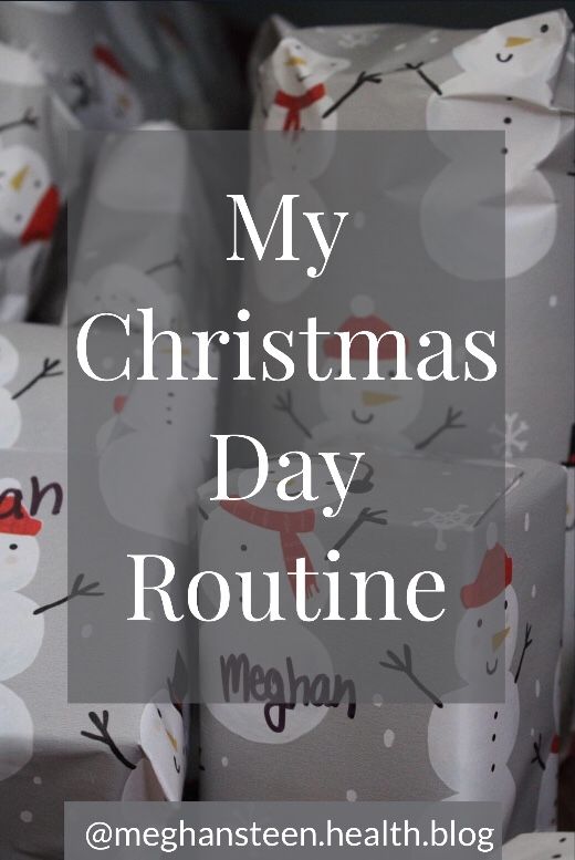 presents wrapped in wrapping paper with the words my christmas day routine written on them and snowmen