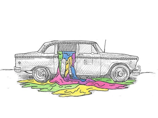 a drawing of a car that has been washed and is being filled with colored liquid