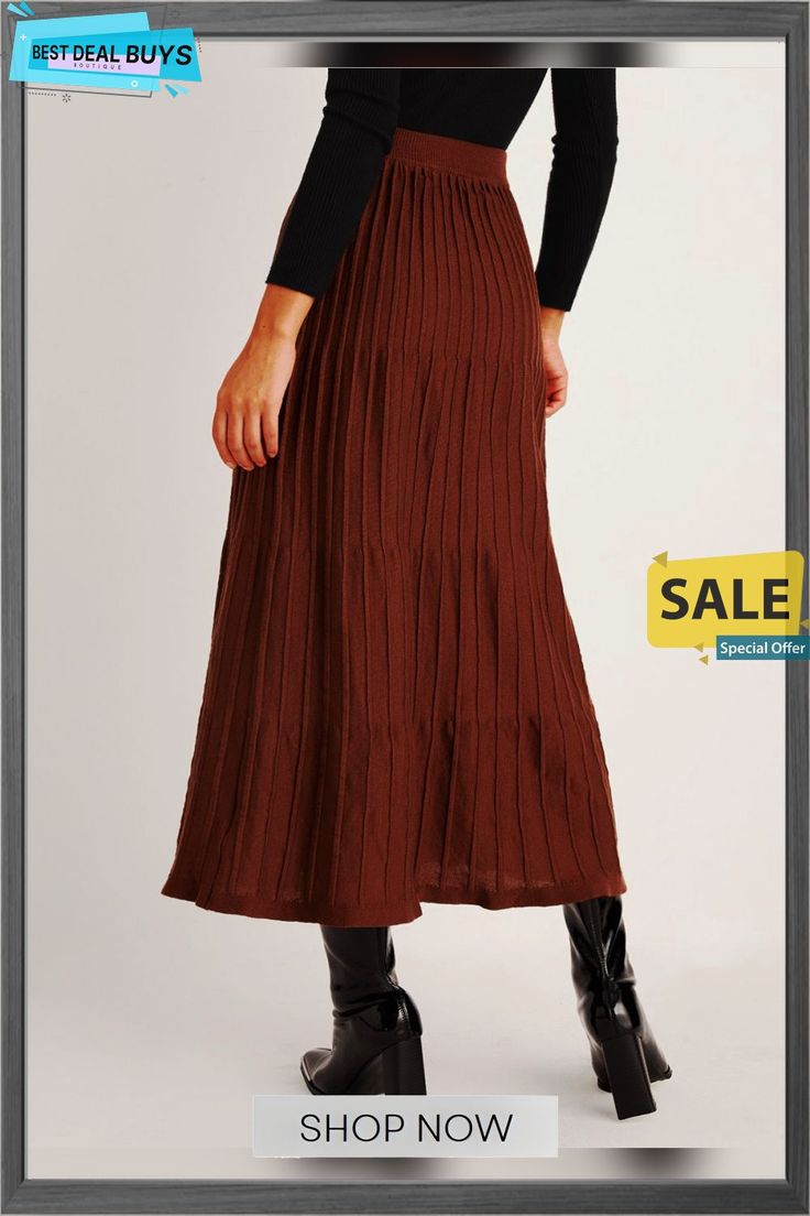 Elegant Pleated Plain Sweater Skirt Casual Pleated Maxi Skirt For Winter, High Waist Brown Maxi Skirt For Fall, Brown Tiered Skirt For Fall, Casual Tiered Maxi Skirt For Winter, Brown Tiered Skirt Bottoms For Fall, Casual Brown Maxi Skirt For Fall, Brown Long Pleated Skirt For Winter, High Waist Brown Pleated Skirt For Fall, Brown Long Winter Pleated Skirt