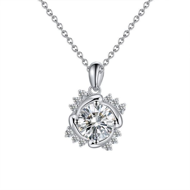 caligio Women Necklace Necklaces BEVERLY Silver Solitaire Flower Pendant Necklace For Anniversary, Anniversary Crystal Pendant Necklace With Clavicle Chain, Crystal Pendant Necklace With Clavicle Chain For Anniversary, Cubic Zirconia Crystal Pendant Necklace With Clavicle Chain, Cubic Zirconia Necklace With Prong-set Round Pendant, Dazzling Diamond White Necklace With Diamond Accents, Silver Solitaire Necklace With Flower Pendant, Diamond White Cubic Zirconia Crystal Necklace As Gift, White Cubic Zirconia Chain Necklace