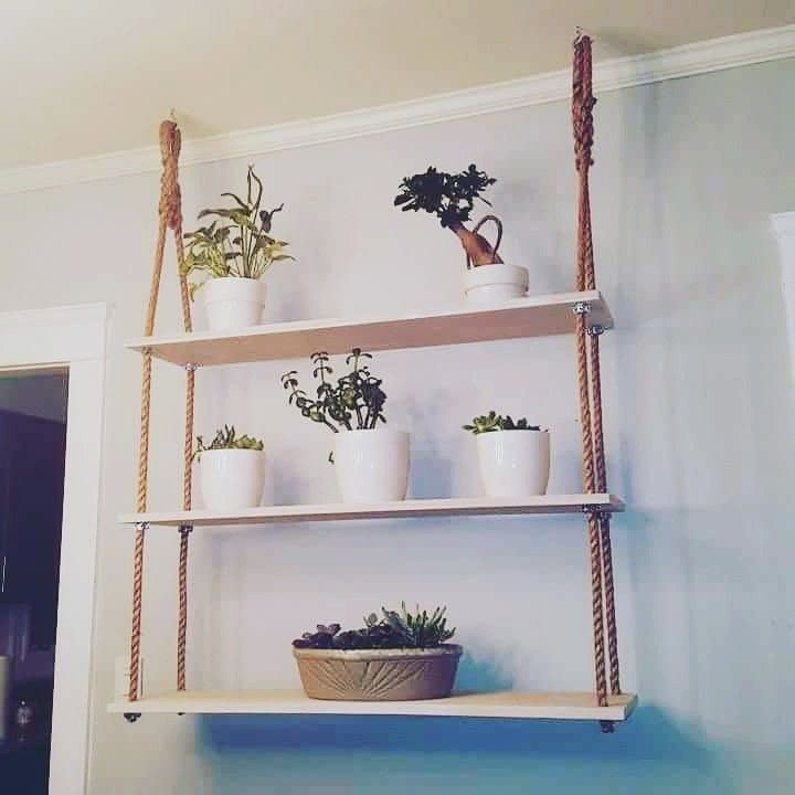 three shelves with plants on them in the corner, one is hanging from a rope