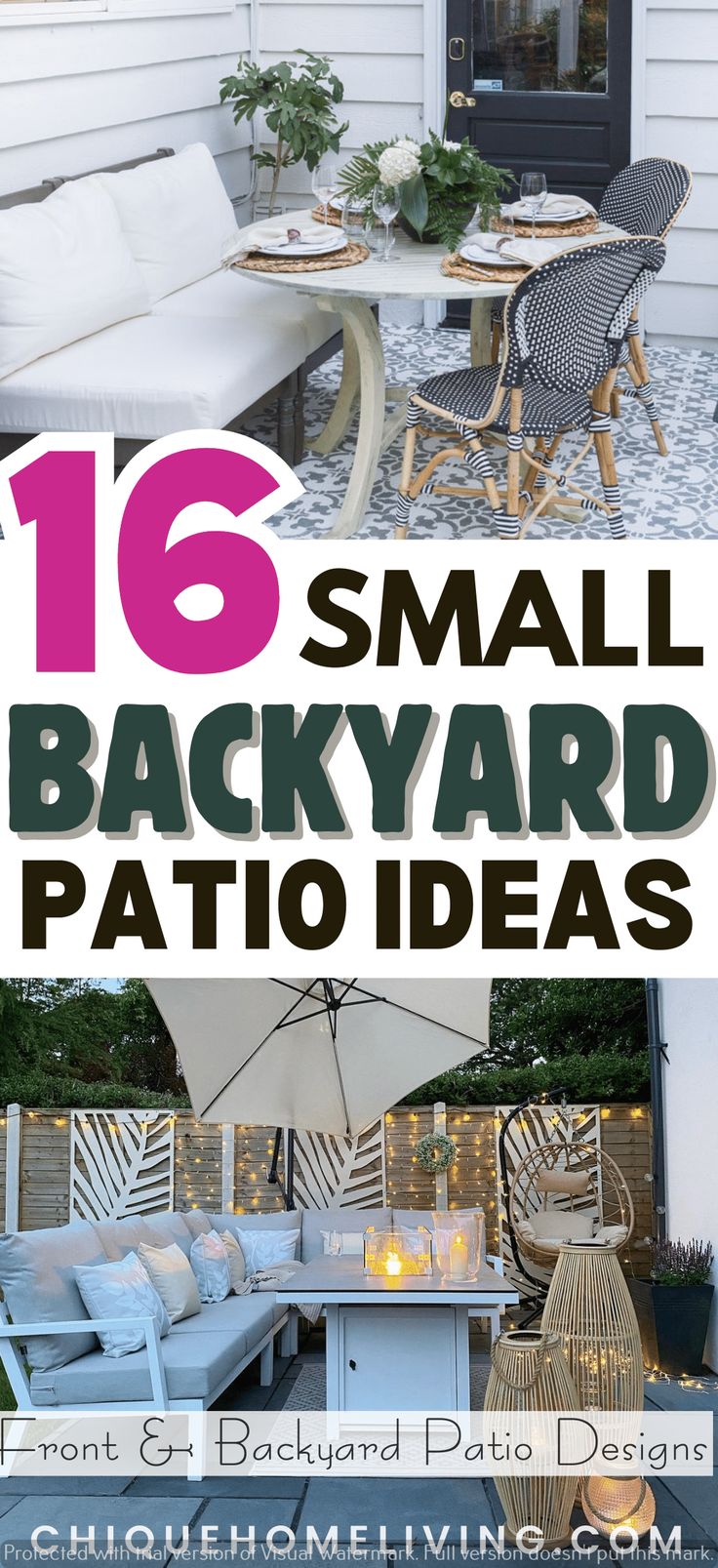 the back yard patio with text overlay that reads 16 small backyard patio ideas