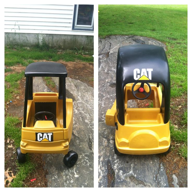 two pictures of a yellow and black cat ride - on toy in front of a house