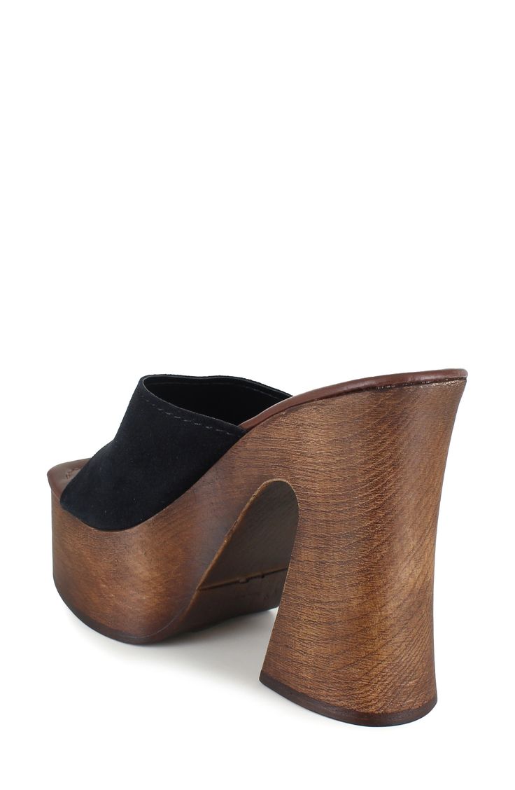 A woodgrain platform and soaring block heel lend scene-stealing height and retro-cool appeal to a slide sandal that will elevate your trendsetting looks. 4" heel; 2" platform Leather upper and lining/synthetic sole Made in Spain Black Chunky Platform Clogs For Summer, Trendy Mules With Wooden Block Heel, Spring Platform Slippers With Wooden High Heel, Spring High Heel Platform Slippers With Wooden Heel, Wooden Heels With Stacked Heel For Spring, Summer Wooden Stacked Heel Heels, Summer Platform Sandals With Wood Material, High Heel Wooden Platform Clogs, Open Toe Wooden Platform Clogs