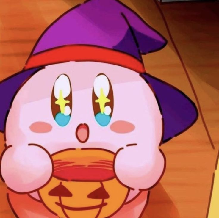 a cartoon character wearing a purple hat and holding a pumpkin