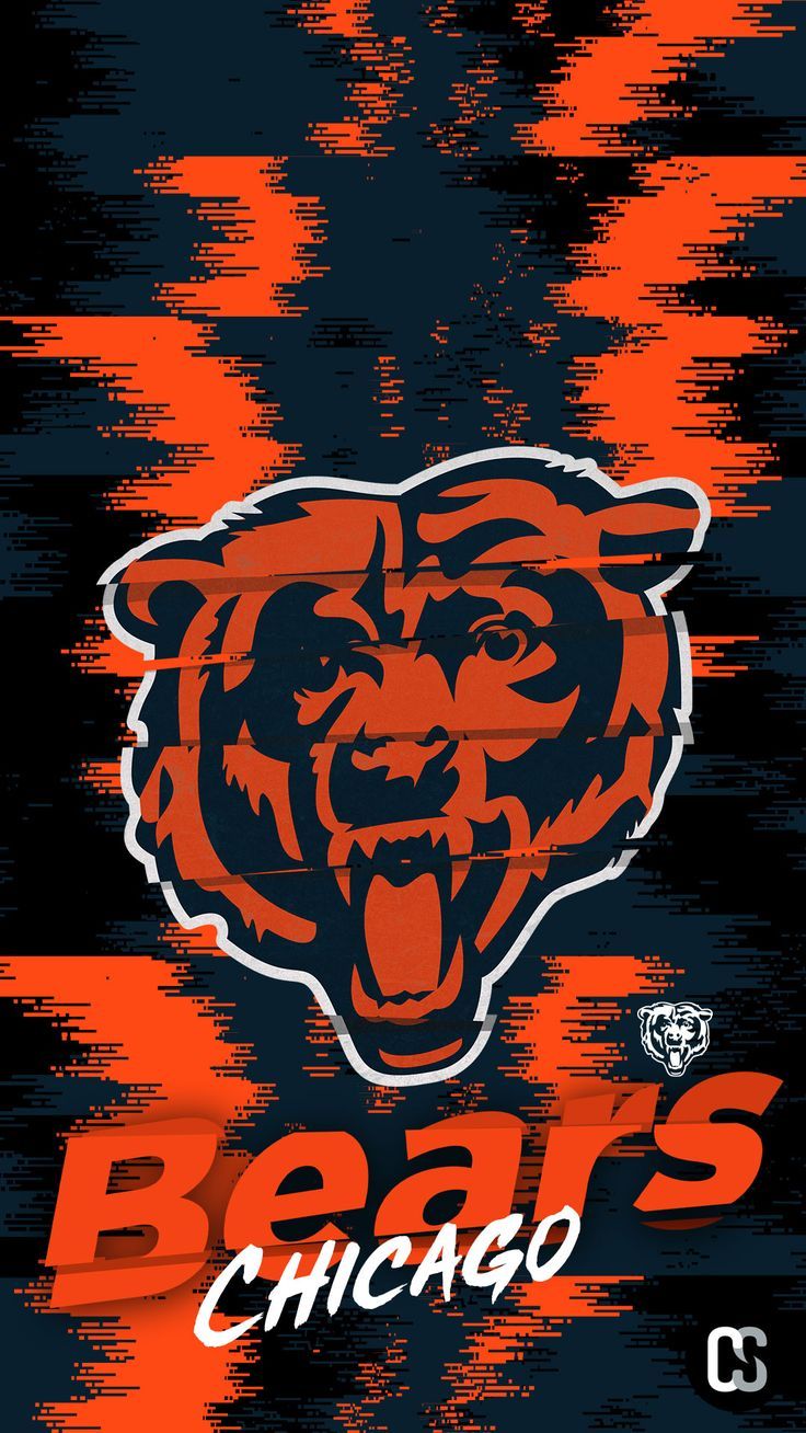 the chicago bears logo is painted on an orange and black background with red streaks around it