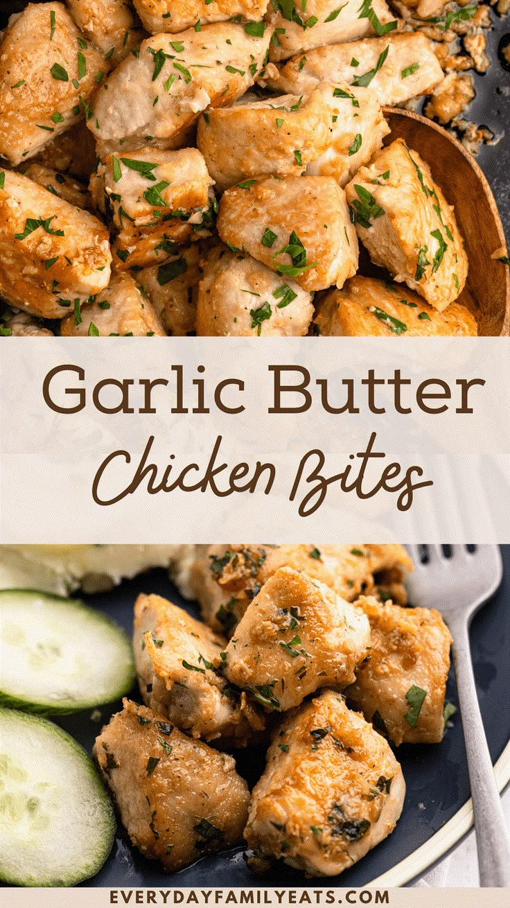 garlic butter chicken bites on a plate with cucumbers