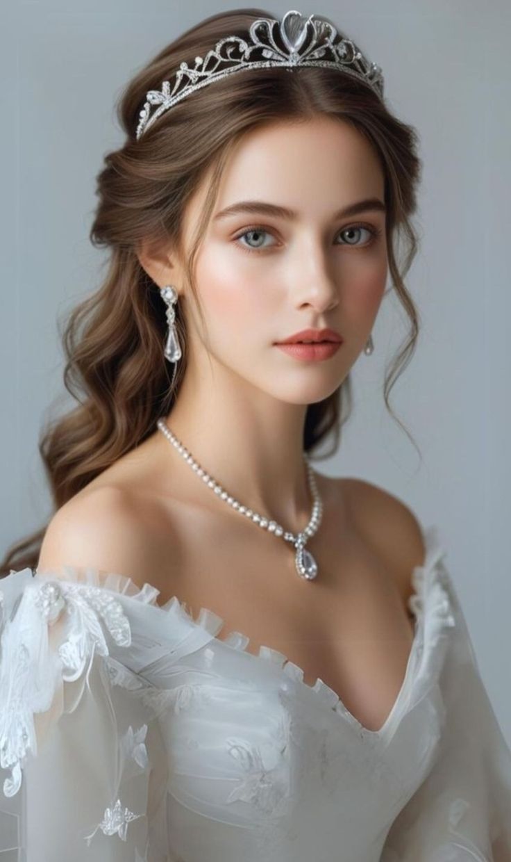 a woman wearing a tiara with pearls on her head and shoulder, standing in front of a white background