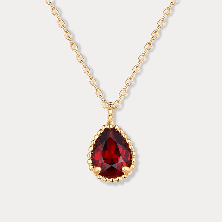 This Garnet Morning Dew Necklace is a luxurious piece crafted to perfection from gleaming gold set on a sleek silver base. Perfect for any occasion, this necklace is the ideal statement piece to elevate your look and add a touch of timeless elegance. An exquisite accessory for any wardrobe, the Garnet Morning Dew Necklace will easily become your go-to for day-to-day wear or special occasions. DETAILS Plating:  9 K Gold  Materials:  9 K Gold on Silver, Natural Mozambique Garnet Measurements :   L Teardrop Gold Plated Fine Jewelry Necklace, Fine Jewelry Gemstone Chain Necklace Gift, Formal Teardrop Pendant Gemstone Necklace, Formal Teardrop Gemstone Pendant Necklace, Gold Plated Teardrop Pendant Necklace In Fine Jewelry, Dainty Tarnish Resistant Necklace For Formal Occasions, Classic Gold Plated Gemstone Necklaces, Classic Pendant Drop Necklace With Clavicle Chain, Classic Drop Pendant Necklace With Clavicle Chain