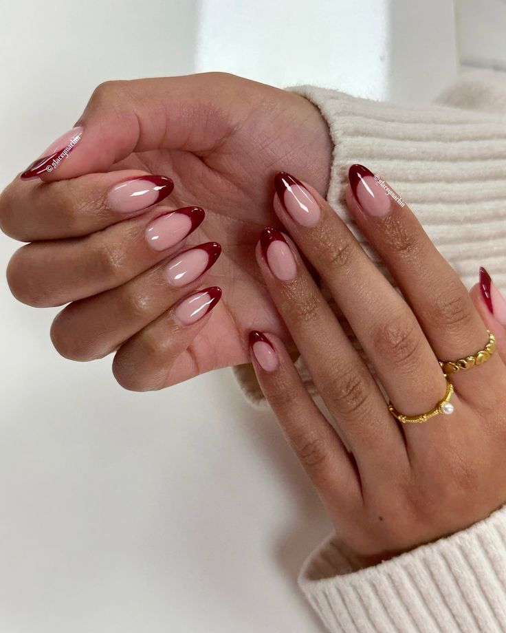 Cherry red 🍒 @glitterbels one more bite ♥️ Maroon Tip Nails French Manicures, November Nails Ideas French, Red Cherry French Tip Nails, French Nail Cherry, Dark Red Chrome French Tip Nails, Dark Red Almond French Tip Nails, Red Chrome Tips Nails, Nail Inspo Red French Tip, Cherry Red Tip Nails