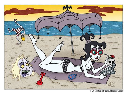 a woman laying on top of a beach under an umbrella next to other cartoon characters