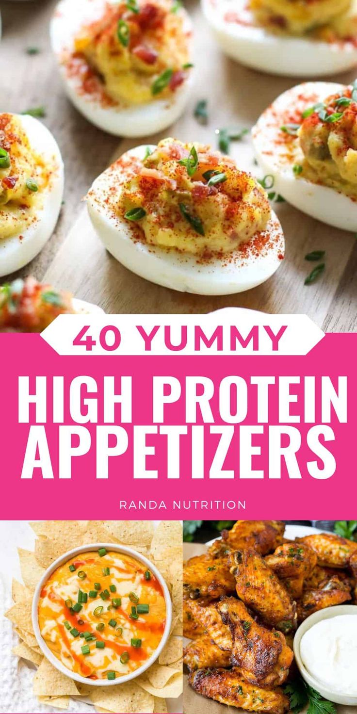 the cover of 40 yummy high protein appetizers, including deviled eggs