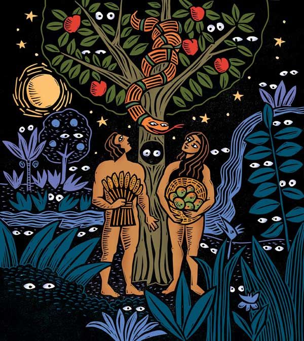 two people standing next to each other under a tree with fruit on it and stars in the sky