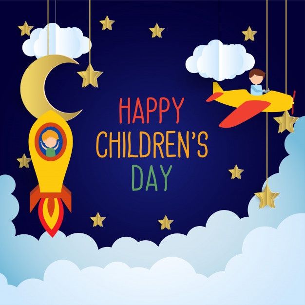 children's day greeting card with rocket and stars