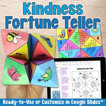 a hand holding an ipad next to a colorful origami cube with the words kindness fortune teller on it