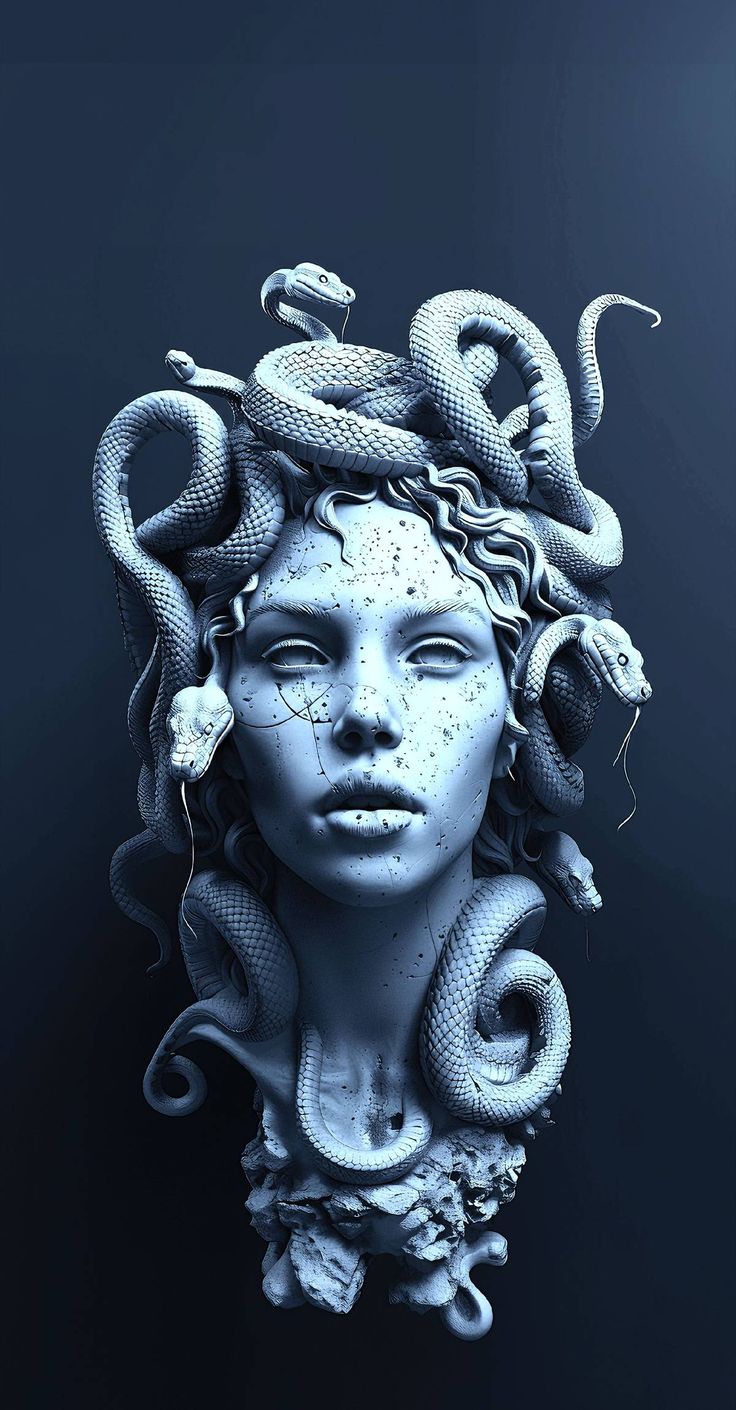 a woman's head with snakes on it and her face in the shape of a statue