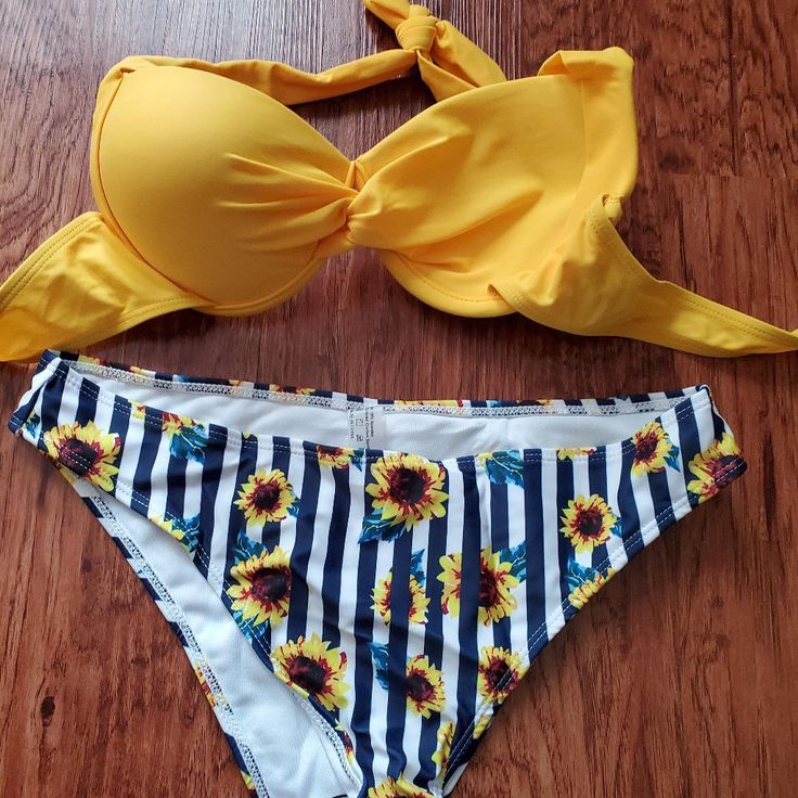 New Beautiful Vintage Sunflower Bikini Swimsuit Yellow Swimwear For Beach Party, Yellow Floral Print Swimwear For Poolside, Yellow Floral Print Swimwear For Beach Party, Yellow Beachy Swimwear For Sunbathing, Yellow Beach-style Tankini For Beach, Yellow Floral Print Beachwear Swimwear, Spring Yellow Swimwear For Pool, Yellow Swimwear For Beach Party Season, Yellow Beachy Swimwear For Pool