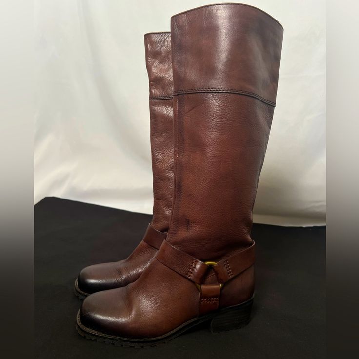 Brand New Never Worn Knee High Boots Real Leather Clean Soles Brown Leather Heeled Boots With Buckle, Leather Boots With Buckle Closure, Medium Width, Leather Boots With Buckle Closure And Medium Width, Leather Boots With Wide Calf And Buckle Closure, Wide Calf Leather Boots With Buckle Closure, Brown Leather Wide Calf Moto Boots, Brown Leather Moto Boots For Wide Calf, Lucky Brand Boots, Womens Suede Boots