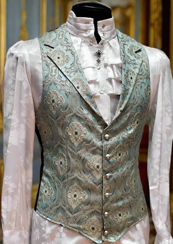 Shrine of Hollywood ARISTOCRAT VEST - EDWARDIAN BROCADE - GREEN edwardian goth gothic Men's Vests steampunk vampire vest victorian wedding Old Timey Clothes Men, Historical Male Fashion, Fancy Vest Outfits, Satin Vest Outfit, Victorian Vest Mens, Aristocrat Vest, Suit Jackets, Romantic Era Mens Fashion, Green And Gold Suit