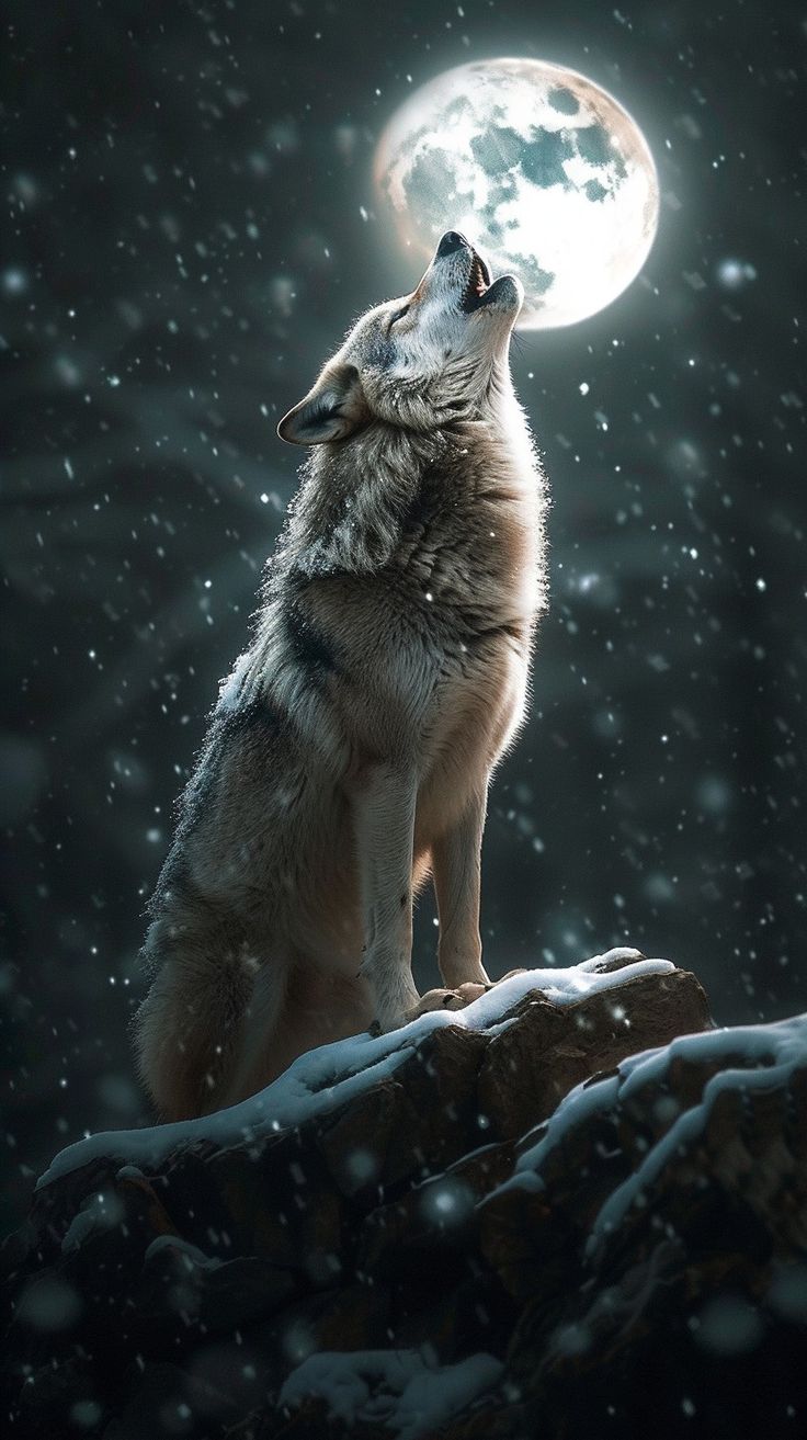 a wolf standing on top of a snow covered hill next to a full moon in the sky