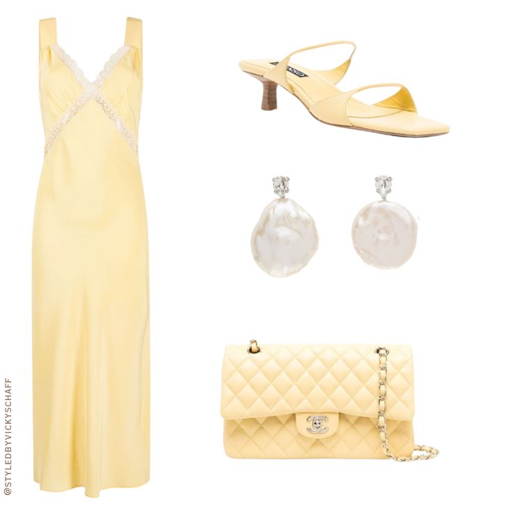 Reformation pale yellow midi slip dress. Chanel yellow and silver classic flap bag. Simone rocha pearl and silver earrings . Senso yellow kitten heels. Yellow Pastel Dress Outfit, Yellow Kitten Heels, Yellow Kitten, Yellow Satin Dress, Chanel Yellow, Yellow Dress Outfit, Pale Yellow Dresses, Cute Summer Outfit, Dress Chanel