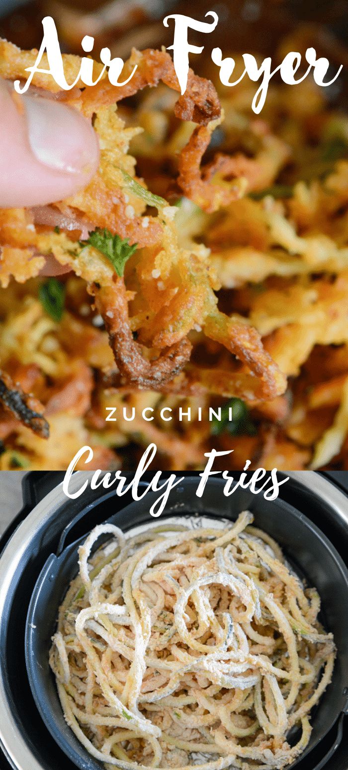 an air fryer with noodles in it and the words, zucchini curly fries