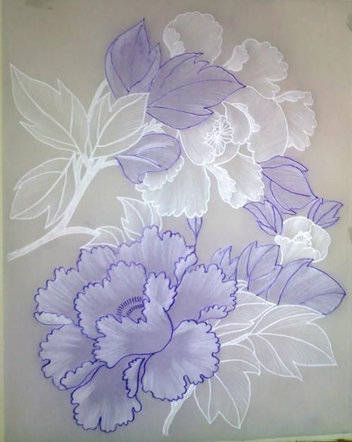 an image of some flowers painted on the side of a wall in purple and white