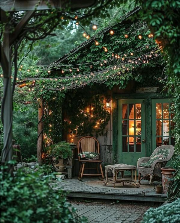 an outdoor patio with chairs and lights strung over the door, surrounded by greenery