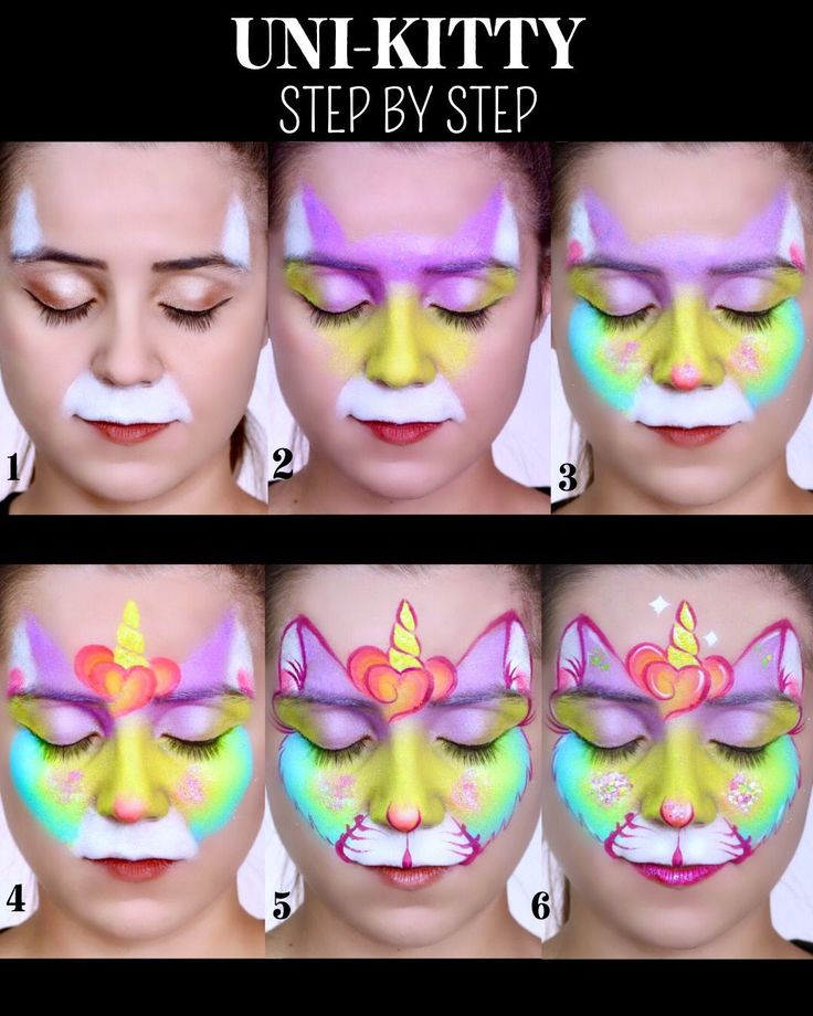 Unicorn Cat Face Paint, Face Paint How To Step By Step, Rainbow Cat Face Paint, Face Painting Step By Step Easy, Kawaii Face Paint, How To Face Paint Step By Step, Face Painting Step By Step, Step By Step Face Painting, Face Paint Step By Step