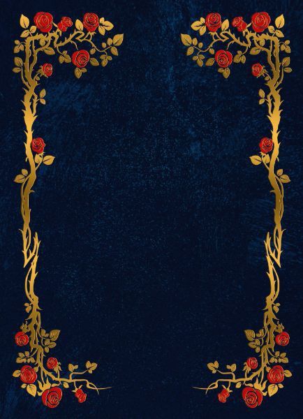 an ornate gold frame with red roses on a blue velvet background