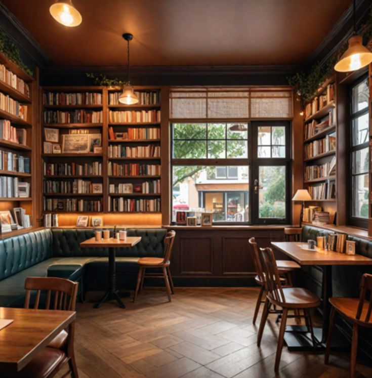 a restaurant with wooden tables and bookshelves full of books