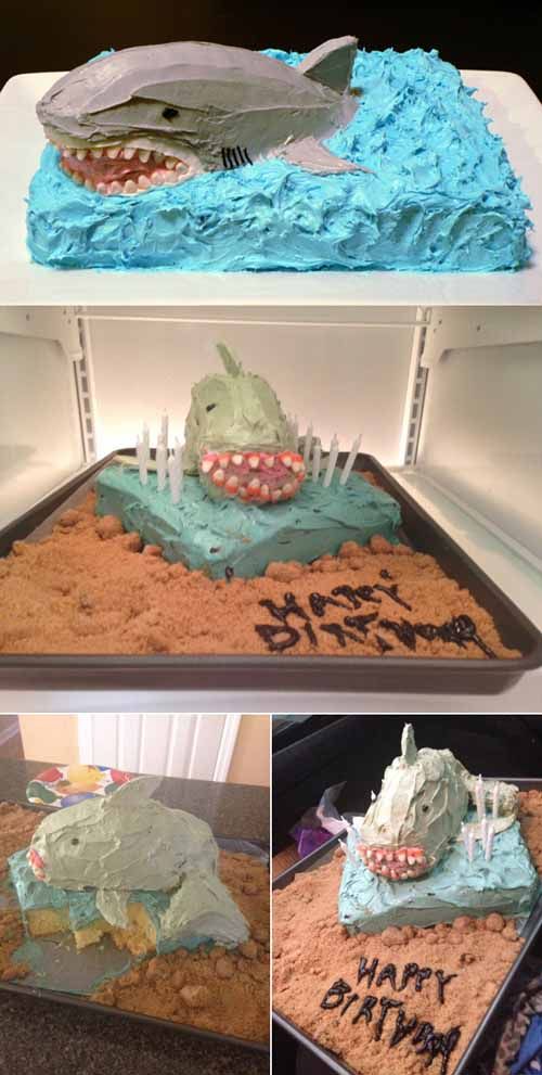 two pictures of a birthday cake in the shape of a shark with teeth on it