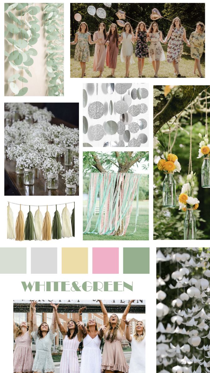 a collage of photos with flowers, ribbons and other things in them that are green