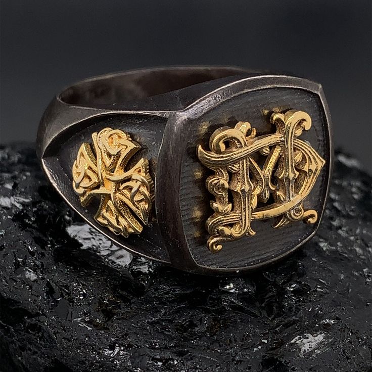 Step back in time with our Victorian Monogram Signet Ring, inspired by the elegance and grandeur of the Victorian era. This antique-style ring is a statement piece that will instantly elevate your style. Crafted with meticulous attention to detail, it features 14k gold initials and charming Celtic cross design on the sides.  What sets this ring apart is its personalization option. You can customize it with your own initials, making it a truly unique and meaningful piece. Whether you want to commemorate a special date, honor a loved one, or simply add a personal touch, this ring allows you to do just that. This ring is not only a fashion accessory, but also a timeless keepsake. It makes for an exceptional personalized gift for any occasion, be it a birthday, anniversary, graduation, or even Timeless Hallmarked Signet Ring Collectible, Timeless Hallmarked Signet Ring For Collectors, Formal Engraved Ring With Maker's Mark, Timeless Hallmarked Collectible Signet Ring, Luxury Anniversary Signet Ring With Maker's Mark, Victorian Hallmarked Initial Ring For Formal Occasions, Luxury Signet Ring For Anniversary, Luxury Engraved Signet Ring Collectible, Luxury Yellow Gold Signet Ring With Maker's Mark