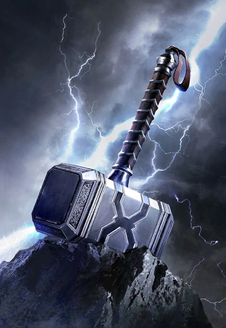 an thor's hammer on top of a rock with lightning in the background