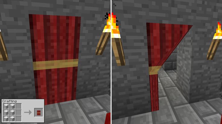 an image of a room in minecraft with red curtains and fire coming out of the door