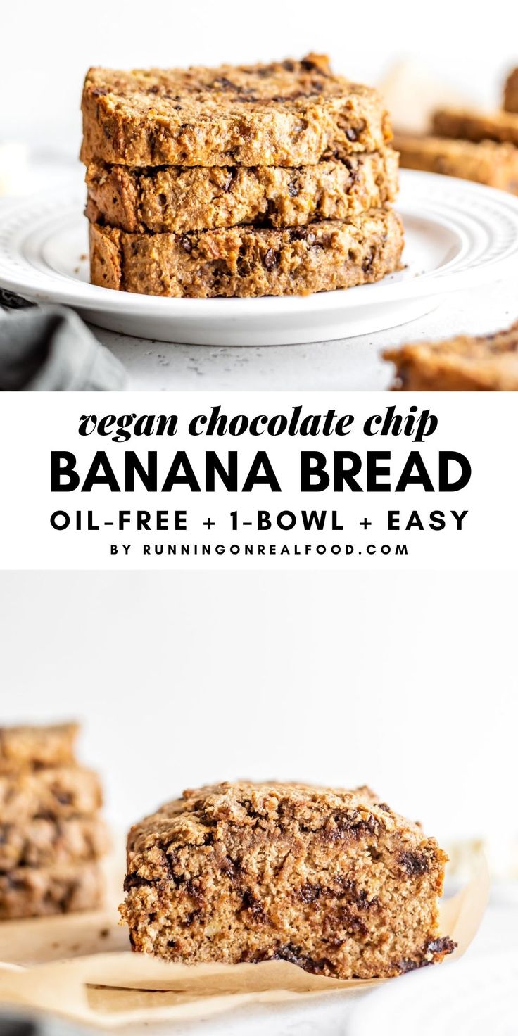 an image of granola chocolate chip banana bread on a white plate with text overlay