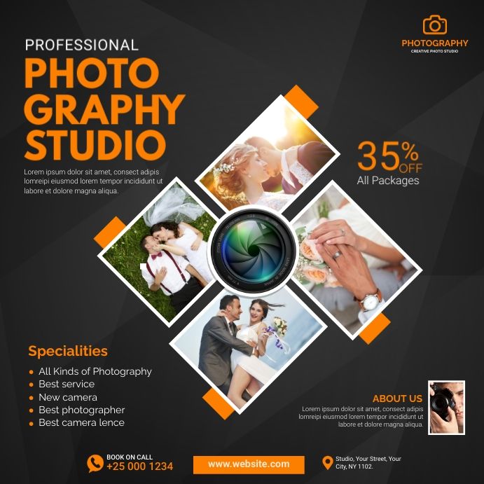 a flyer for a photography studio with different pictures and words on it, including an orange background