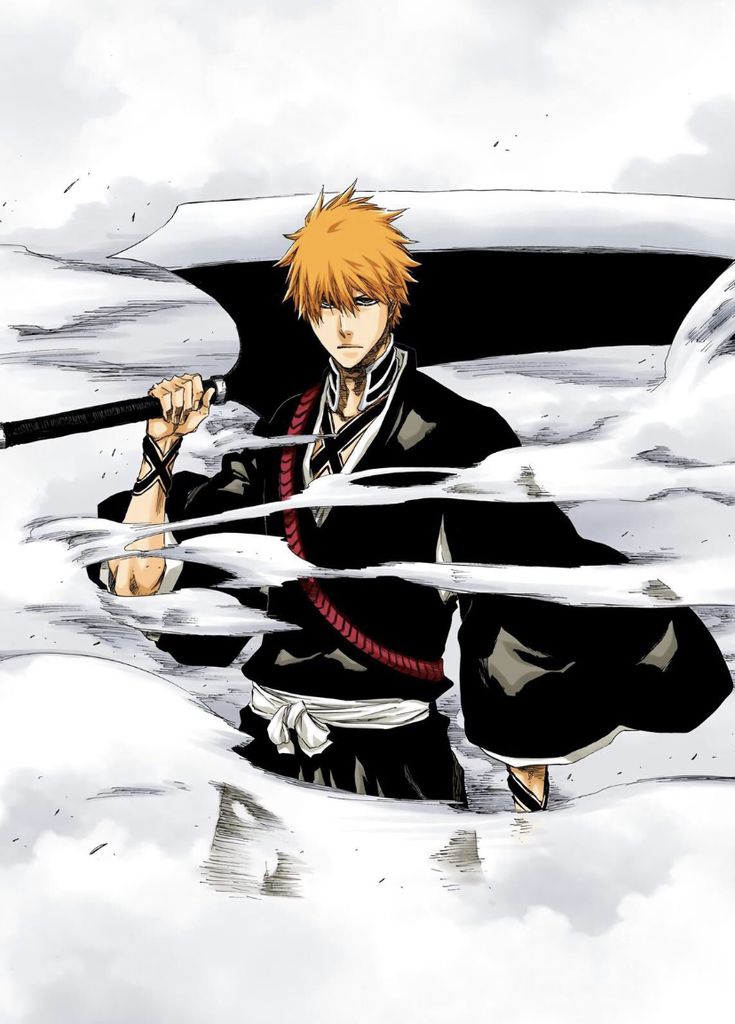 an anime character holding two swords in his hands and looking at the sky with clouds behind him